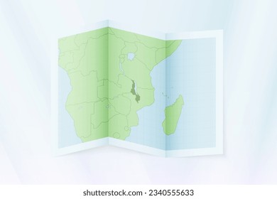 Malawi map, folded paper with Malawi map. Vector illustration.