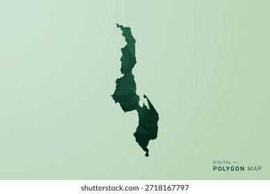 Karte von Malawi - Vektorgrafik im Stil eines grünen Polygons, geometrisches Design mit niedrigem Poly und sauberer Silhouette auf weichgrünem Hintergrund.