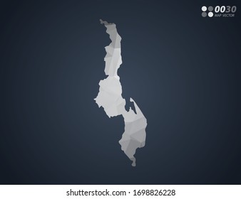 Malawi map grey polygon red triangle mosaic with dark background. style gradient vector.