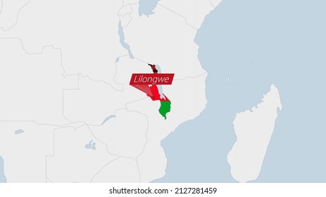 Malawi map highlighted in Malawi flag colors and pin of country capital Lilongwe, map with neighboring African countries.