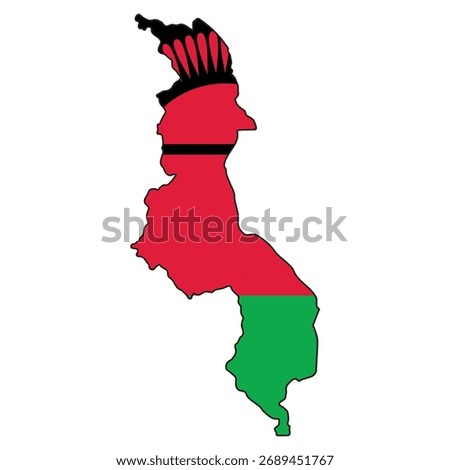 Malawi Map with National Flag Colors and Rising Sun Emblem