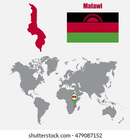Malawi map on a world map with flag and map pointer. Vector illustration