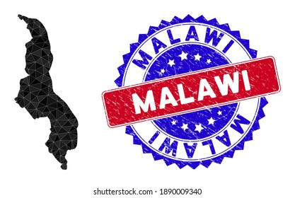 Malawi map polygonal mesh with filled triangles, and rubber bicolor stamp seal. Triangle mosaic Malawi map with mesh vector model, triangles have different sizes, and positions, and color tints.
