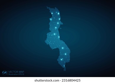Malawi map radial dotted pattern in futuristic style, design blue circle glowing outline made of stars. concept of communication on dark blue background. Vector EPS10