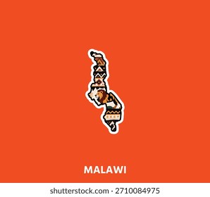 Una pegatina de mapa de Malawi enriquecida con patrones tribales africanos y temas culturales. Ideal para recuerdos, diseño creativo, materiales de viaje y marca visual.	