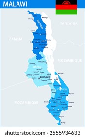 Malawi Map Vector Blue Spot - Customizable layered political map of Malawi with administrative divisions for website, education, reports, news, politics, print, poster and wallpaper