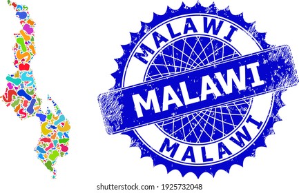 Malawi map vector image. Splash pattern map and distressed stamp seal for Malawi. Sharp rosette blue stamp seal with text for Malawi map.