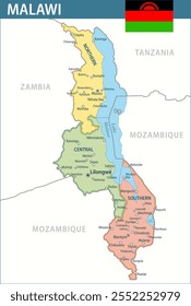 Malawi Map Vector New 2024 Colorful - Customizable layered political map of Malawi with administrative divisions for website, education, reports, news, politics, print, poster and wallpaper