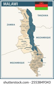 Malawi Map Vector Vintage Dark Blue Beige - Customizable layered political map of Malawi with administrative divisions for website, education, reports, news, politics, print, poster and wallpaper