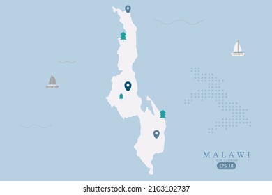 Mapa de Malawi - Mapa mundial de la plantilla de vector internacional Alto detalle con color blanco aislado en el fondo azul incluyendo el punto de ubicación simple, árbol, icono del barco - Ilustración vectorial eps 10