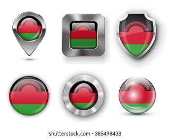 Malawi Metal and Glass Flag Badges, Buttons, Map marker pin and Shields. Vector illustrations