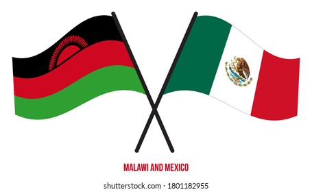 Malawi and Mexico Flags Crossed And Waving Flat Style. Official Proportion. Correct Colors.