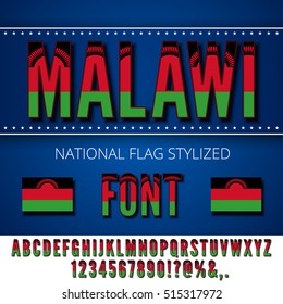 Malawi national flag flat stylized font. Alphabet and Numbers in Vector Set