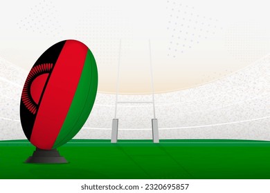 Selección nacional de Malawi: pelota de rugby en el estadio de rugby y postes de gol, preparándose para un penal o patada libre. Ilustración vectorial.