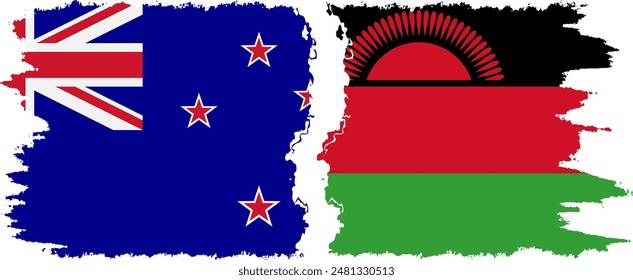 Malawi and New Zealand grunge flags connection, vector