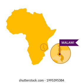 Malawi on an Africa s map with word Malawi on a flag-shaped marker. Vector isolated on white.