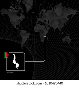 Malawi on black World Map. Map and flag of Malawi.