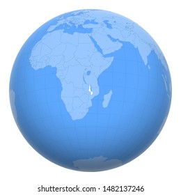 Malawi on the globe. Earth centered at the location of the Republic of Malawi. Map of Malawi. Includes layer with capital cities.