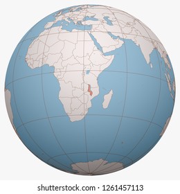 Malawi on the globe. Earth hemisphere centered at the location of the Republic of Malawi. Malawi map.