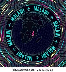 Malawi on globe. Satellite view of the world centered to Malawi. Bright neon style. Futuristic radial bricks background. Neat vector illustration.