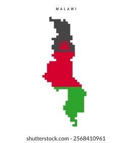 Malawi pixel flag map icon. 8 bit pixel art Malawian map covered with flag. Flat vector illustration isolated on white background.