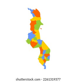 Malawi political map of administrative divisions - districts. Blank colorful vector map.