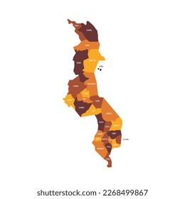 Malawi political map of administrative divisions - districts. Flat vector map with name labels. Brown - orange color scheme.