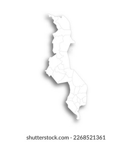 Malawi political map of administrative divisions - districts. Flat white blank map with thin black outline and dropped shadow.