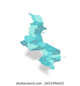 Mapa político de Malawi de divisões administrativas - distritos. Mapa de vetor turquesa 3D com rótulos de nome.