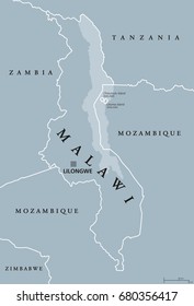 Malawi political map with capital Lilongwe. Republic. Landlocked country in Southeast Africa. Formerly Nyasaland. Lake Malawi takes up a third of its area. Gray illustration. English labeling. Vector.