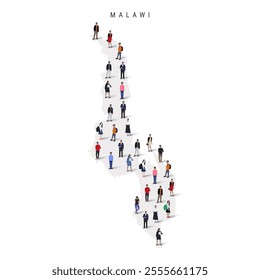 Malawi population map. Large group of realistic a diverse crowd of people figures in a shape of Malawian map. Flat vector illustration isolated on white.