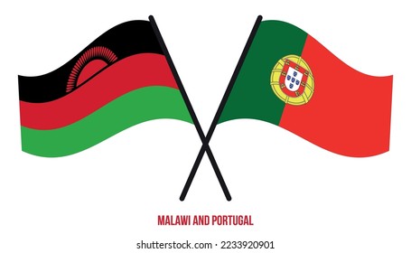 Malawi and Portugal Flags Crossed And Waving Flat Style. Official Proportion. Correct Colors.
