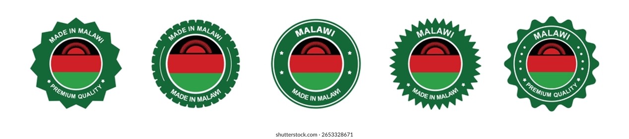 Conjunto de etiquetas de producto de Malawi. Bandera de Malawi, premium hecha en Malawi. Etiquetas, sellos, sellos, banderas, iconos
