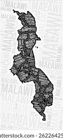 Malawi Regionen Karte Wort Wolke. Namen der Region Malawi. Schwarz-weißes Kartendesign. Elegante Vektorgrafik.