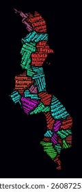 Malawi Regions Word Clouds. Bright neon style design on dark background. Region names of the country in English language. Country shape with administrative division. Awesome vector illustration.