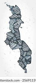 Malawi regions word clouds. Country shape on textured background. Malawi design in typographic style. Amazing vector illustration.