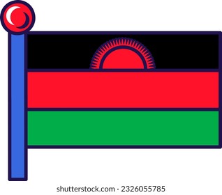 Malawi republic nation flag on flagpole vector. Horizontal triband of green, red and rising sun on black stripe. African country symbol of independence and patriotism flat cartoon illustration