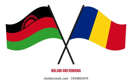 Malawi and Romania Flags Crossed And Waving Flat Style. Official Proportion. Correct Colors.