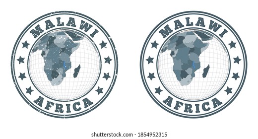 Malawi round logos. Circular badges of country with map of Malawi in world context. Plain and textured country stamps. Vector illustration.