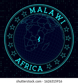 Malawi round sign. Futuristic satelite view of the world centered to Malawi. Country badge with map, round text and binary background. Trendy vector illustration.