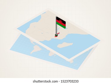 Malawi selected on map with 3D flag of Malawi. Vector paper map.