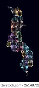 Malawi, shape of the country built of colored cells. Digital style map of Malawi on a dark background. Small size square blocks. Stylish vector illustration.