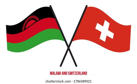 Malawi and Switzerland Flags Crossed And Waving Flat Style. Official Proportion. Correct Colors.