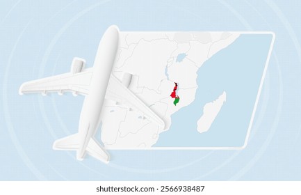 Malawi Travel Illustration with Plane and National Flag. Ideal for travel agencies, promotional materials, or geographic content related to Malawi.