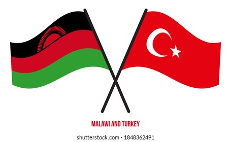 Malawi and Turkey Flags Crossed And Waving Flat Style. Official Proportion. Correct Colors.