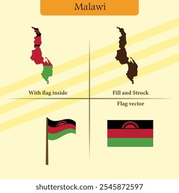 Malawi Vektorkarte mit Regionen schwarze Silhouette Flagge Overlay und eigenständige Flagge ideal für Lehrmaterial Infografiken und Designprojekte präsentieren Aserbaidschan Geografie und Identität