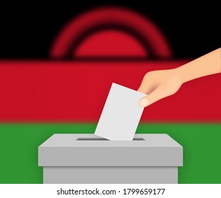 Malawi vote election banner background. Ballot Box with blurred flag
