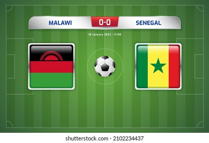 Plantilla de difusión del marcador de Malawi vs Senegal para el torneo deportivo de fútbol de áfrica 2021 Grupo B y campeonato de fútbol de ilustración del vector de camerún