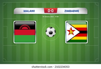 Malawi vs Zimbabwe scoreboard broadcast template for sport soccer africa tournament 2021 Group B and football championship in cameroon vector illustration