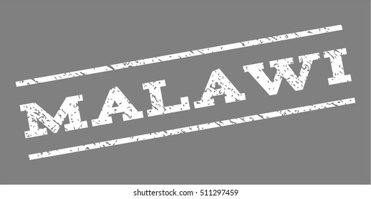 Malawi watermark stamp. Text tag between parallel lines with grunge design style. Rubber seal stamp with scratched texture. Vector white color ink imprint on a gray background.